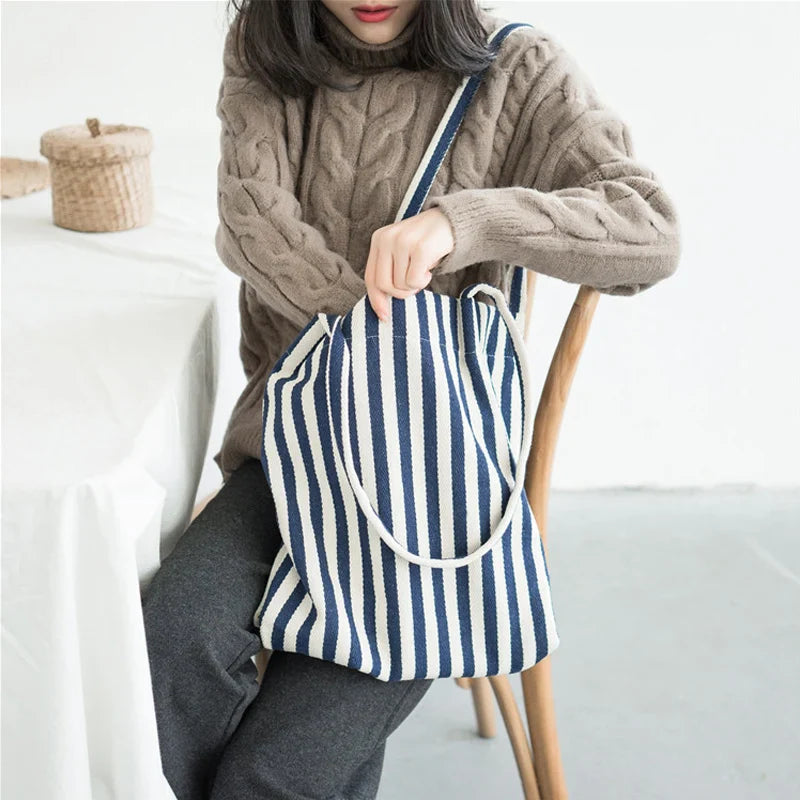 Femlion Blue Striped Canvas Shoulder Bag - Foldable Reusable Tote Handbag