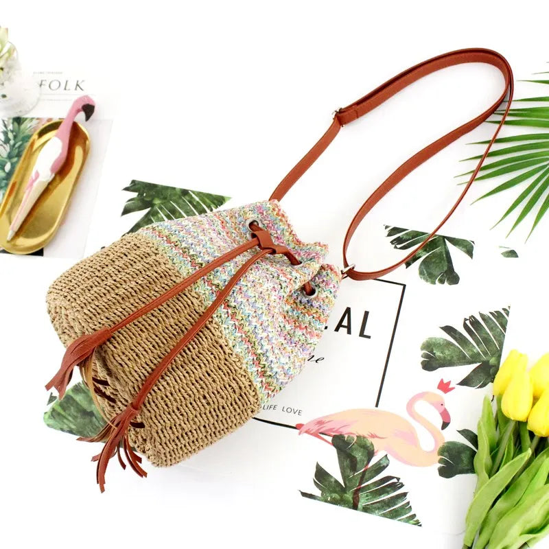 Femlion Tassel Bucket Bag Straw Handbag: Casual Woven Messenger for Women