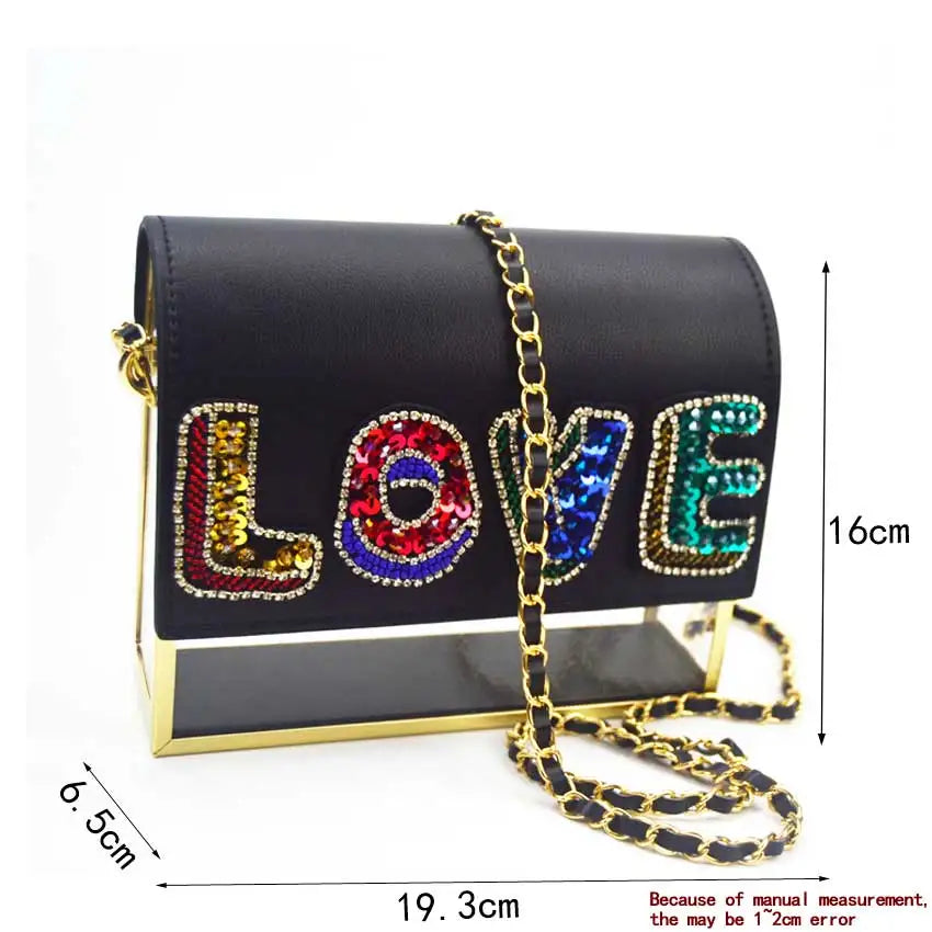 Femlion Love Letters Black Shoulder Bag with Flap and Pu Strap