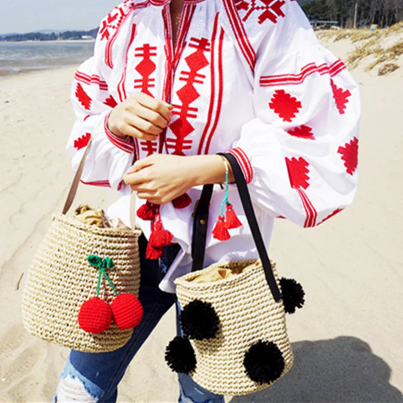 Femlion Summer Style Boho Straw Handbag - Cherry Pompon Cylinders Beach Bag