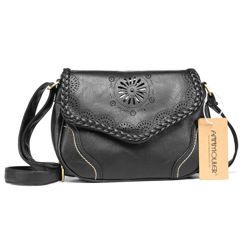 Femlion Vintage Black Hollow Out Crossbody Bag for Women | PU Leather Satchel Handbags