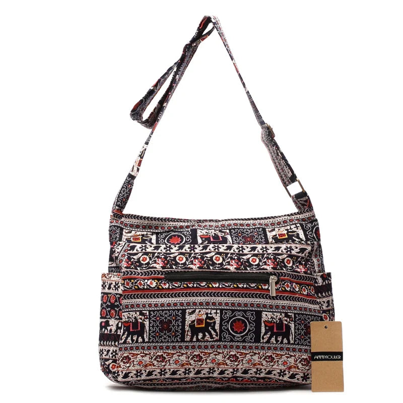 Femlion Elephant Print Bohemian Shoulder Bag Vintage Crossbody Messenger Bag