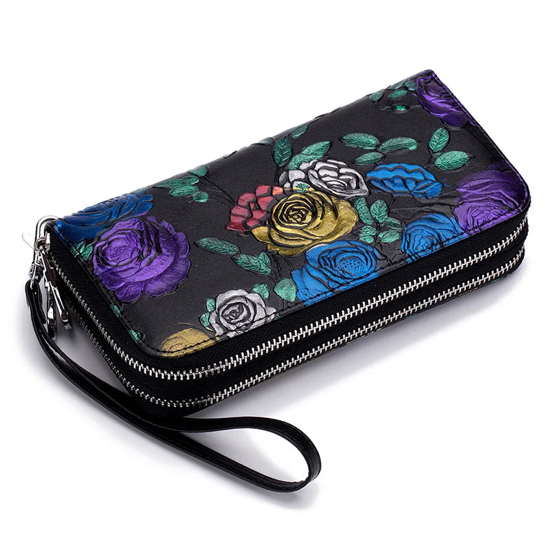 Femlion Rose Flower Long Wallet: Genuine Leather, Double Zipper Purse & Credit Card Holder