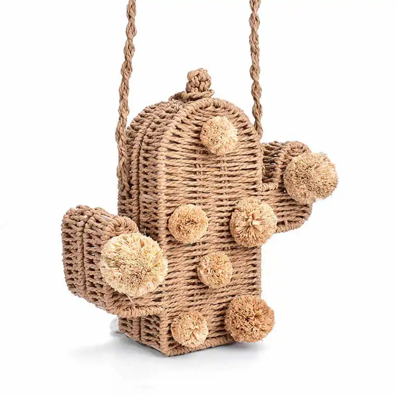 Femlion Cactus Rattan Straw Bag with Pom Pom – Beach Summer Handbag