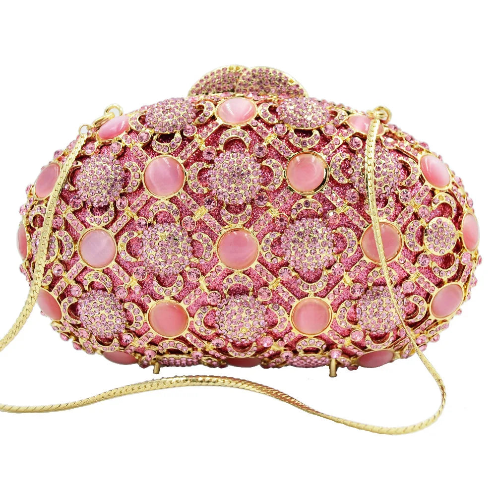 Femlion Pink Crystal Chain Clutch Purse Box Evening Bag