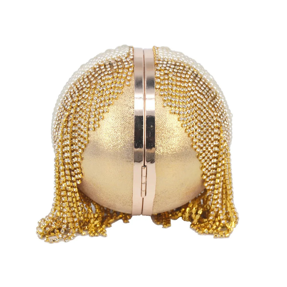 Femlion Pearl Clutch with Crystal Tassels & Circular Ring - XQ-15