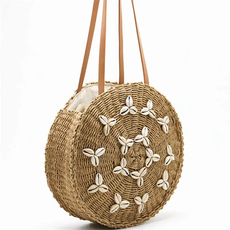 Femlion Shell Woven Straw Beach Bag with Zipper