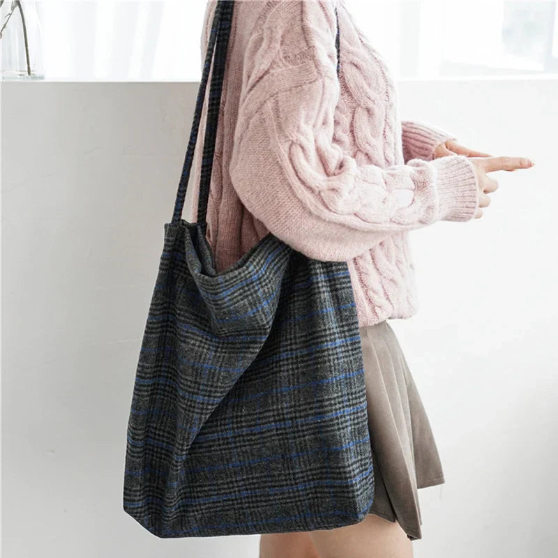 Femlion Plaid Woolen Shoulder Bag for Women - Vintage Handbag Totes in Cotton Wool