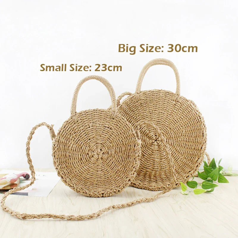 Femlion Rattan Woven Round Handbag | Vintage Straw Rope Knitted Messenger Bag