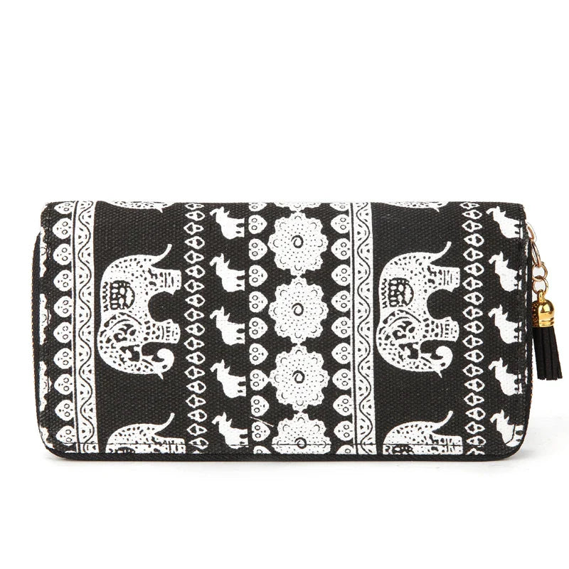 Femlion Canvas Lace Flower Elephant Print Clutch Wallet with Tassel