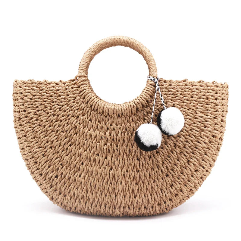 Femlion Moon Shaped Pompon Straw Beach Bag for Women