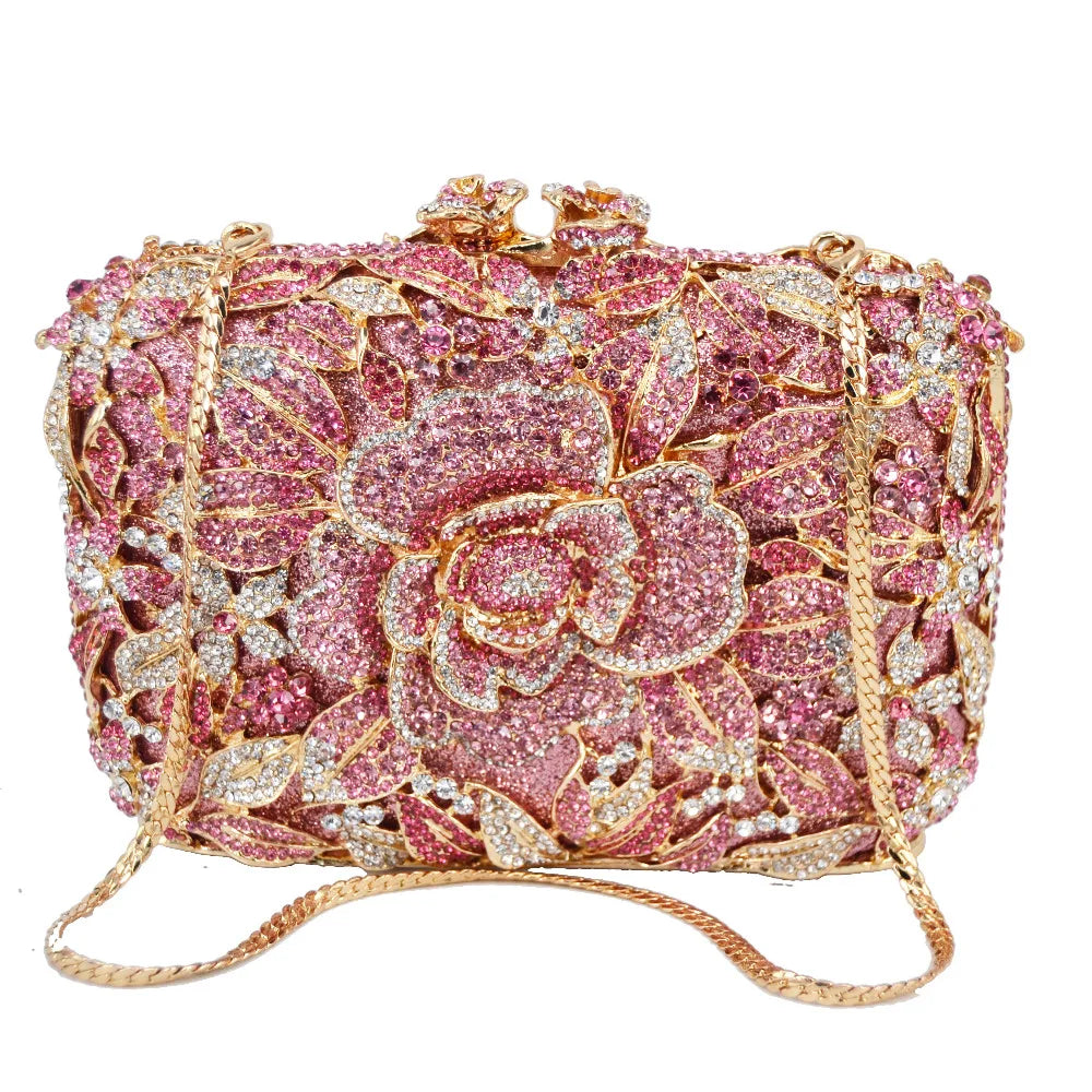 Femlion Pink Crystal Flower Party Clutch Shoulder Bag Luxury Wedding Evening Bags