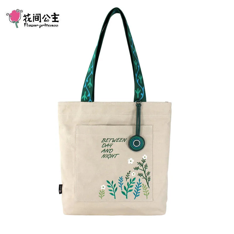 Femlion Flower Princess Embroidery Tote: Summer Canvas Shoulder Bag with Large Capacity