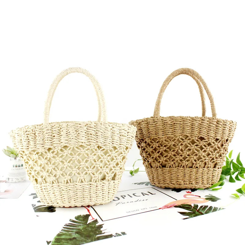 Femlion Paper Rope Weave Handbag Pattern Beach Bag Straw Bag