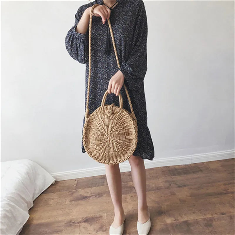 Femlion Rattan Woven Round Handbag | Vintage Straw Rope Knitted Messenger Bag