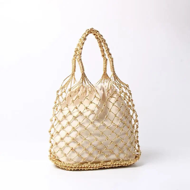 Femlion Reticulate Handbag: Gold & Silver Straw Beach Bag with Bright Paper Ropes