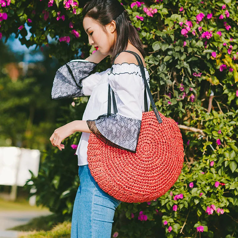 Femlion Round Straw Beach Bag Large Capacity Hand Woven Summer Girl Bag