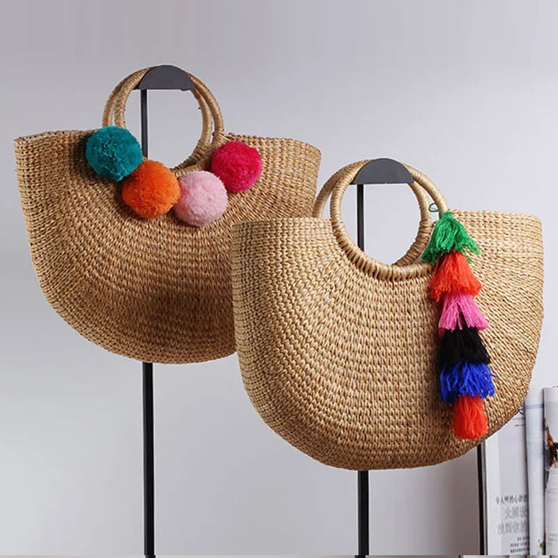 Femlion Tassel Rattan Bucket Bag - Summer Beach Tote