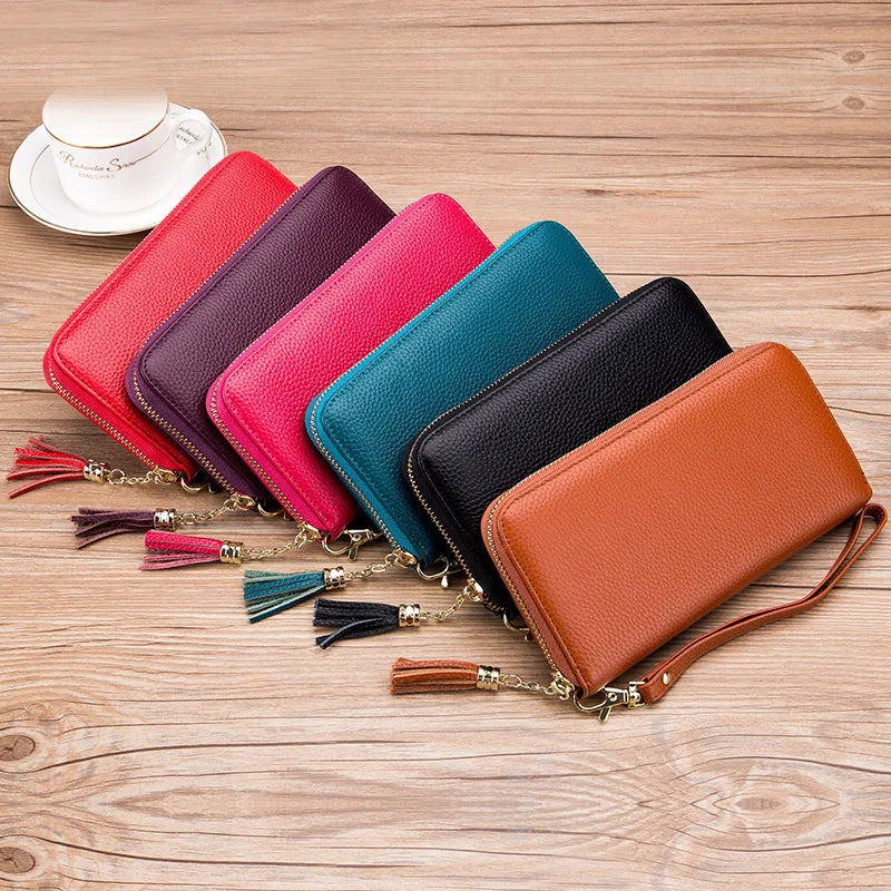 Femlion Tassel Long Wallet: Genuine Leather Women's Clutch with RFID Card Slots