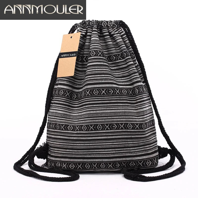 Femlion Bohemian Drawstring Backpack 20 Colors Large Capacity Cotton Shoulder Bag