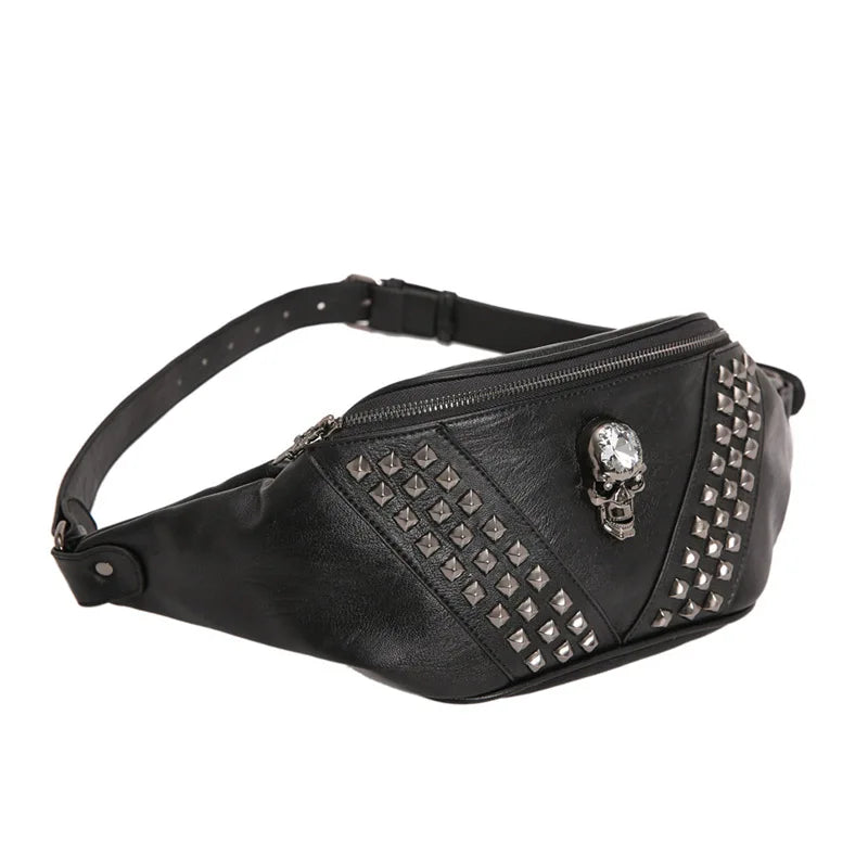 Femlion Skull Hip Bag Unisex Punk Waist Shoulder Fanny Pack Pu Leather Travel Bag