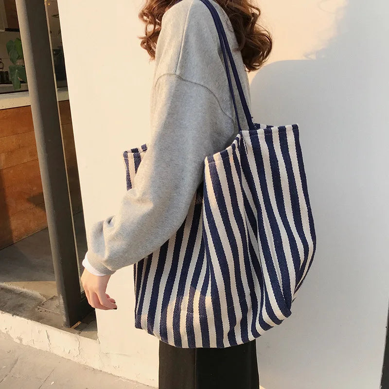 Femlion Vintage Stripe Design Canvas Tote Beach Handbag