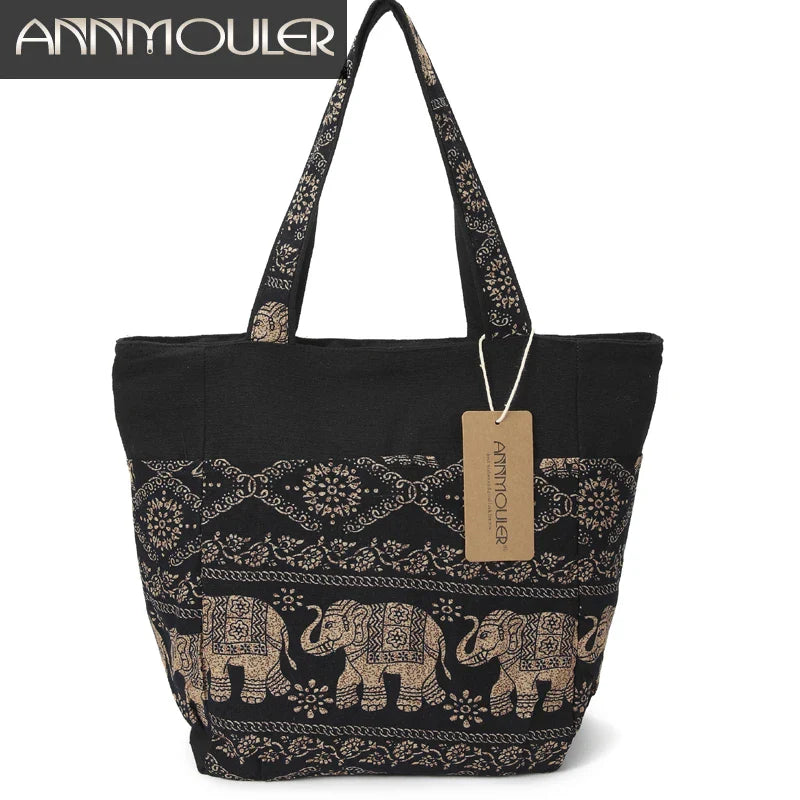 Femlion Elephant Printed Canvas Shoulder Bag Top Handle Tote Handbag for Women