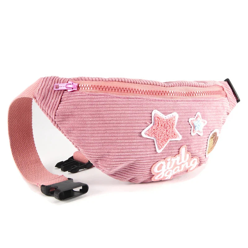 Femlion Corduroy Star Waist Bag Pink Patchwork Girls Fanny Pack Sweet Phone Pouch