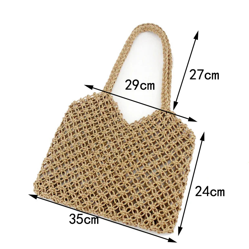 Femlion Hand-Woven Straw Beach Bag with Paper Rope Grid