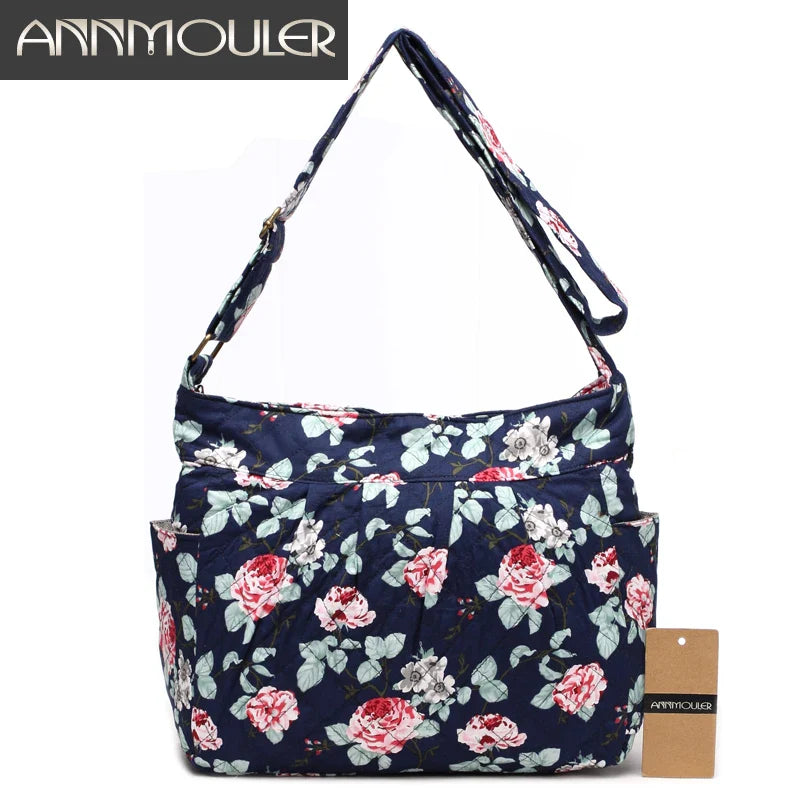 Femlion Vintage Floral Cotton Shoulder Bag Crossbody Satchel Zipper Multi-Pocket Large Capacity