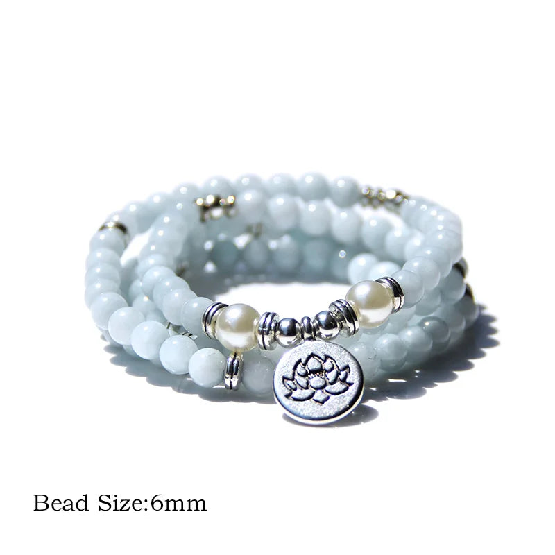 Femlion Aquamarine Quartz Bead Bracelet with Lotus Charm - Blue Stone Bangle