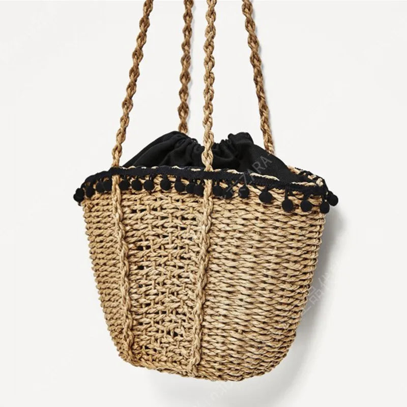 Femlion Boho Beach Bag: Handmade Straw Tote for Women, Retro Style Drawstring Basket Bag