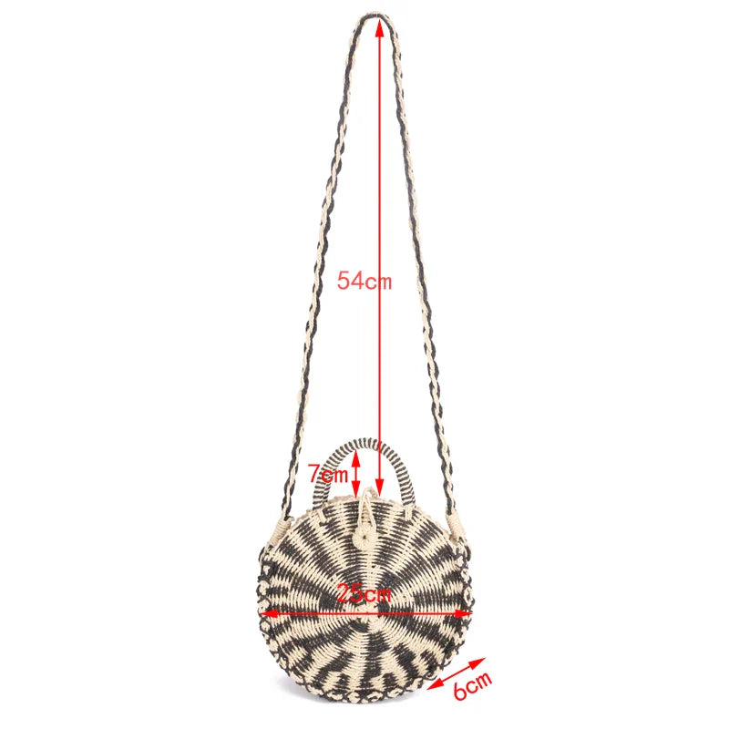 Femlion Rattan Woven Round Handbag Retro Straw Knitted Messenger Bag Lady Beach Tote Circle