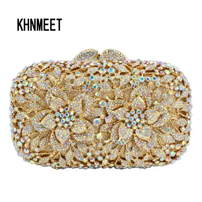 Femlion Orange Crystal Flower Clutch Bag with Diamond Studs