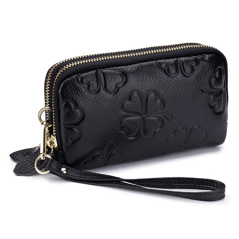 Femlion Genuine Cow Leather Double Zipper Long Wallet for Women