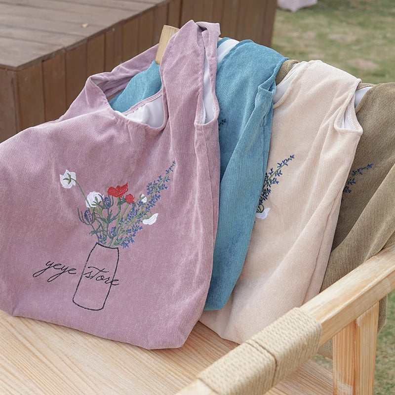 Femlion Corduroy Shoulder Bag with Embroidered Flowers - Eco-Friendly Tote Bag for Women