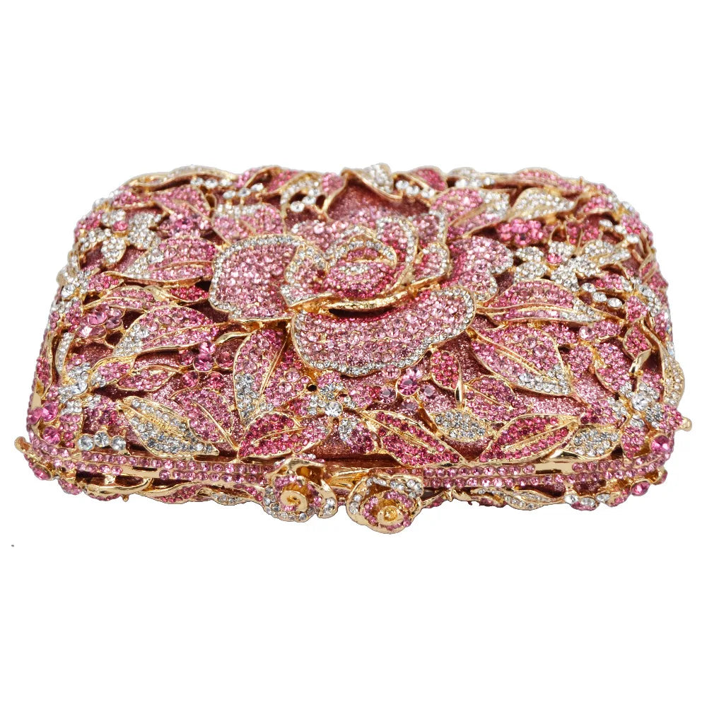 Femlion Pink Crystal Flower Party Clutch Shoulder Bag Luxury Wedding Evening Bags