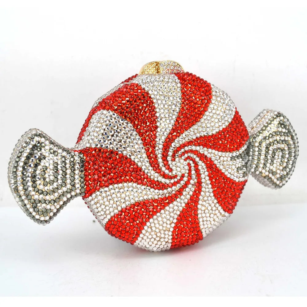 Femlion Red Candy Crystal Evening Bag with Chain | Designer Sweetmeats Shape Luxury Party Purse