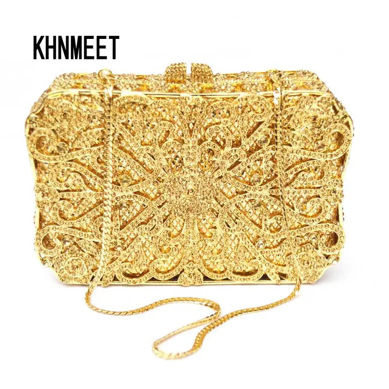 Femlion Diamante Box Clutch: Golden Luxury Bag for Wedding and Evening Events