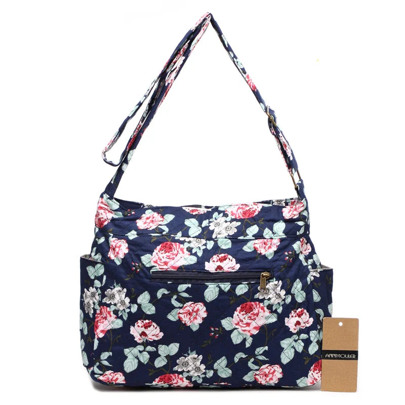 Femlion Vintage Floral Cotton Shoulder Bag Crossbody Satchel Zipper Multi-Pocket Large Capacity