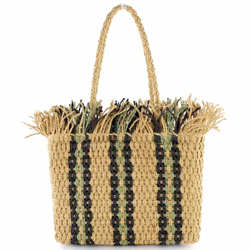 Femlion Striped Straw Beach Bag Large Capacity Square Shoulder Woven Bag