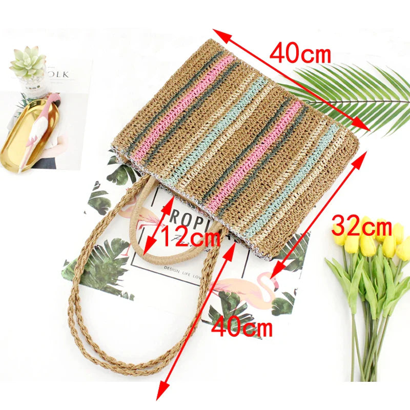 Femlion Colorful Paper Rope Straw Bag Shoulder Handbag Beach Fashion