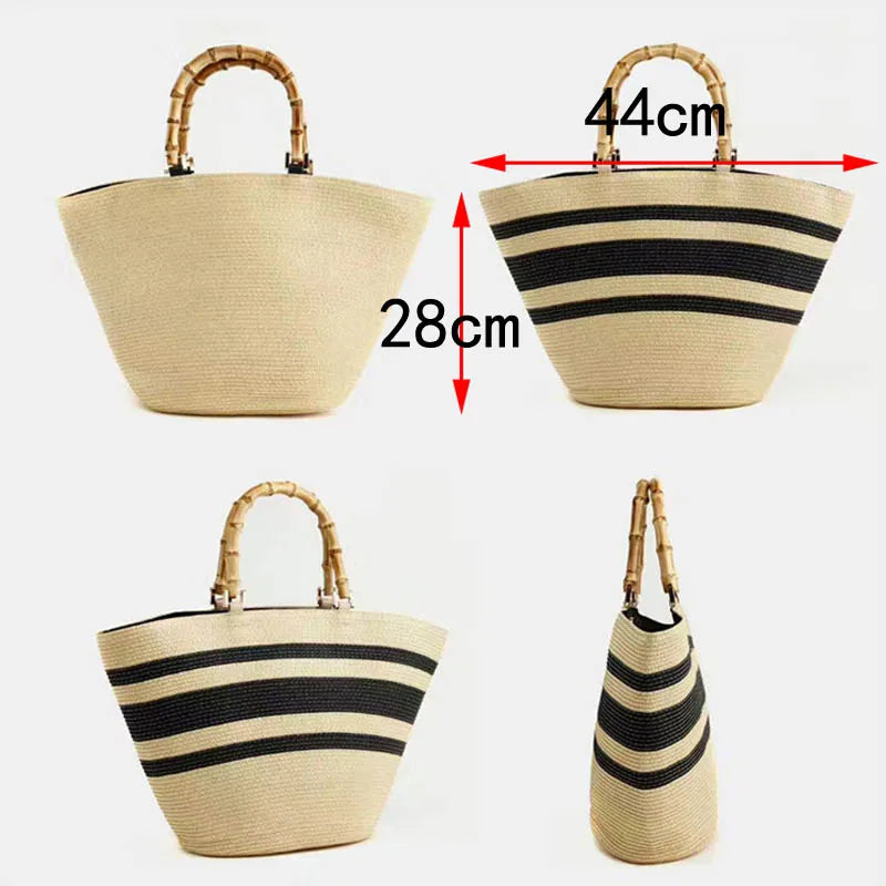 Femlion Striped Straw Tote with Bamboo Handle Women's Shoulder Bag