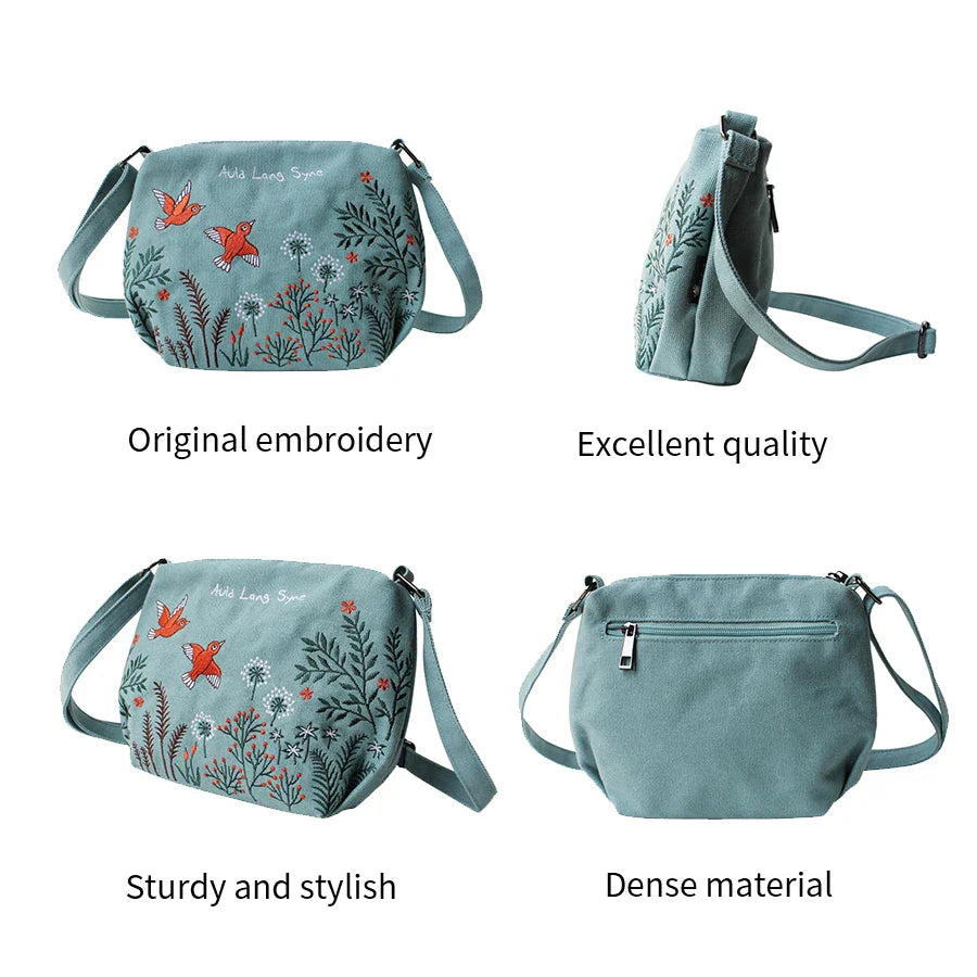 Femlion Embroidered Flower Canvas Crossbody Bag - Small Fashion Shoulder Purse