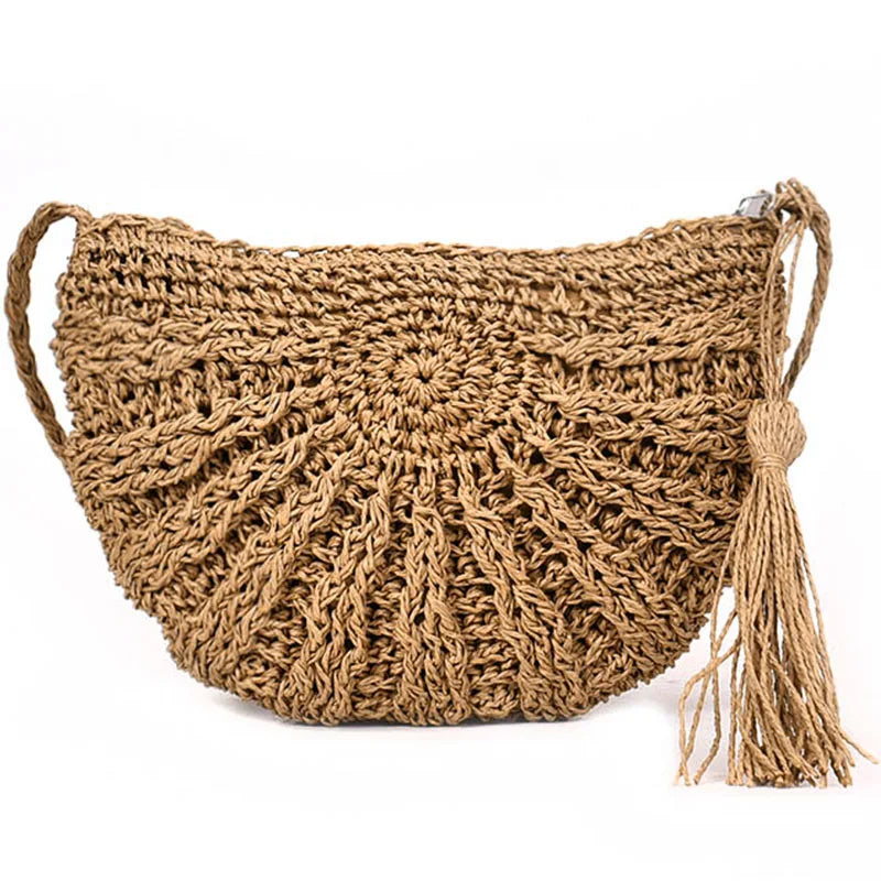 Femlion Tassel Knitting Straw Bag - Summer Rattan Tote with Tassels, Shoulder Handbag