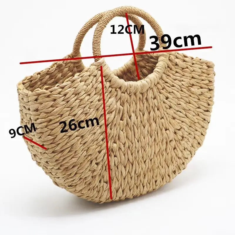 Femlion Moon Straw Beach Bag with Pompon for Women