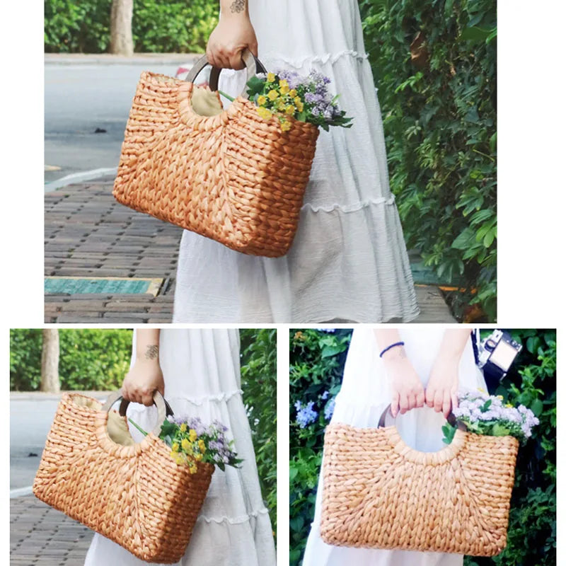 Femlion Straw Beach Bag Moon Bag Portable Women's Retro Style Corn Skin Straw Bag