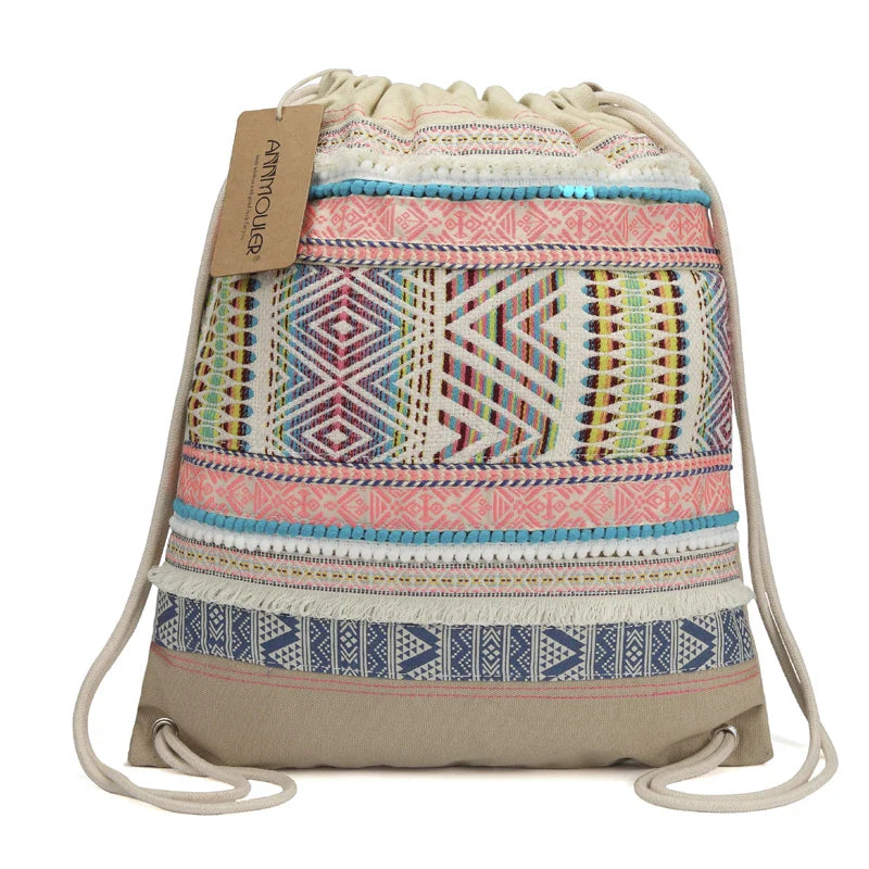 Femlion Boho Drawstring Backpack with Tassels - Large Capacity Hobo Bag