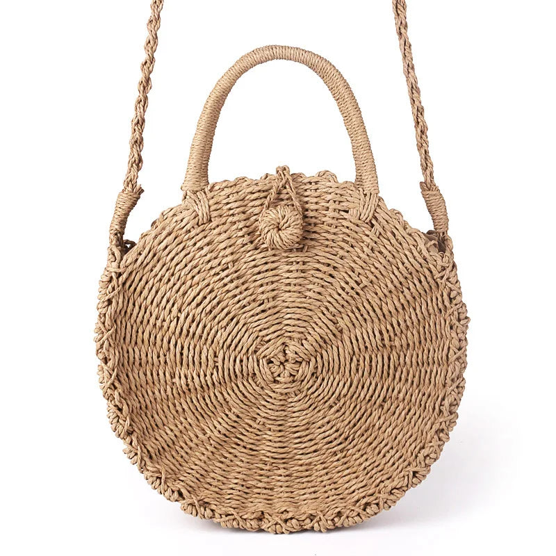 Femlion Rattan Woven Round Handbag | Vintage Straw Rope Knitted Messenger Bag