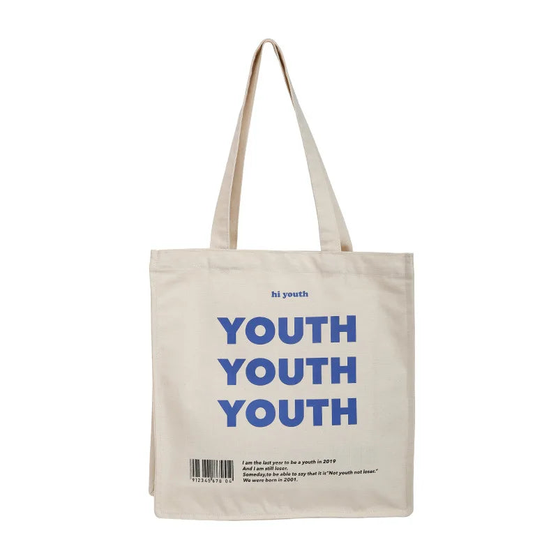 Femlion YOUTH Letters Print Canvas Shoulder Bag: Eco-Friendly Reusable Tote and Shopper Bag